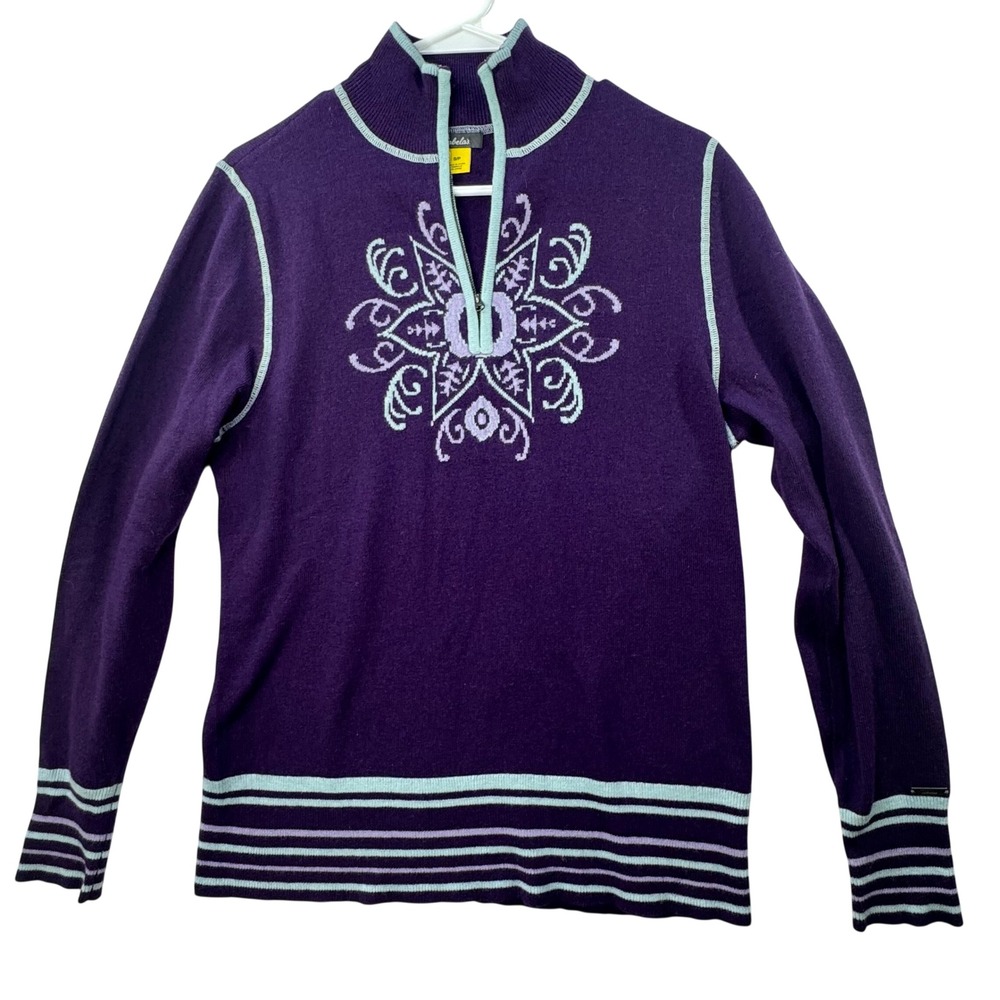 Cabelas Quarter Zip Sweater Womens Small Purple Snowflake Artsy Knit Cozy